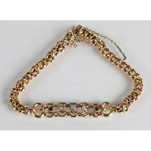 51 - Ladies 9ct gold bracelet set with opal and seed pearls and garnets, gross weight 5.6g.