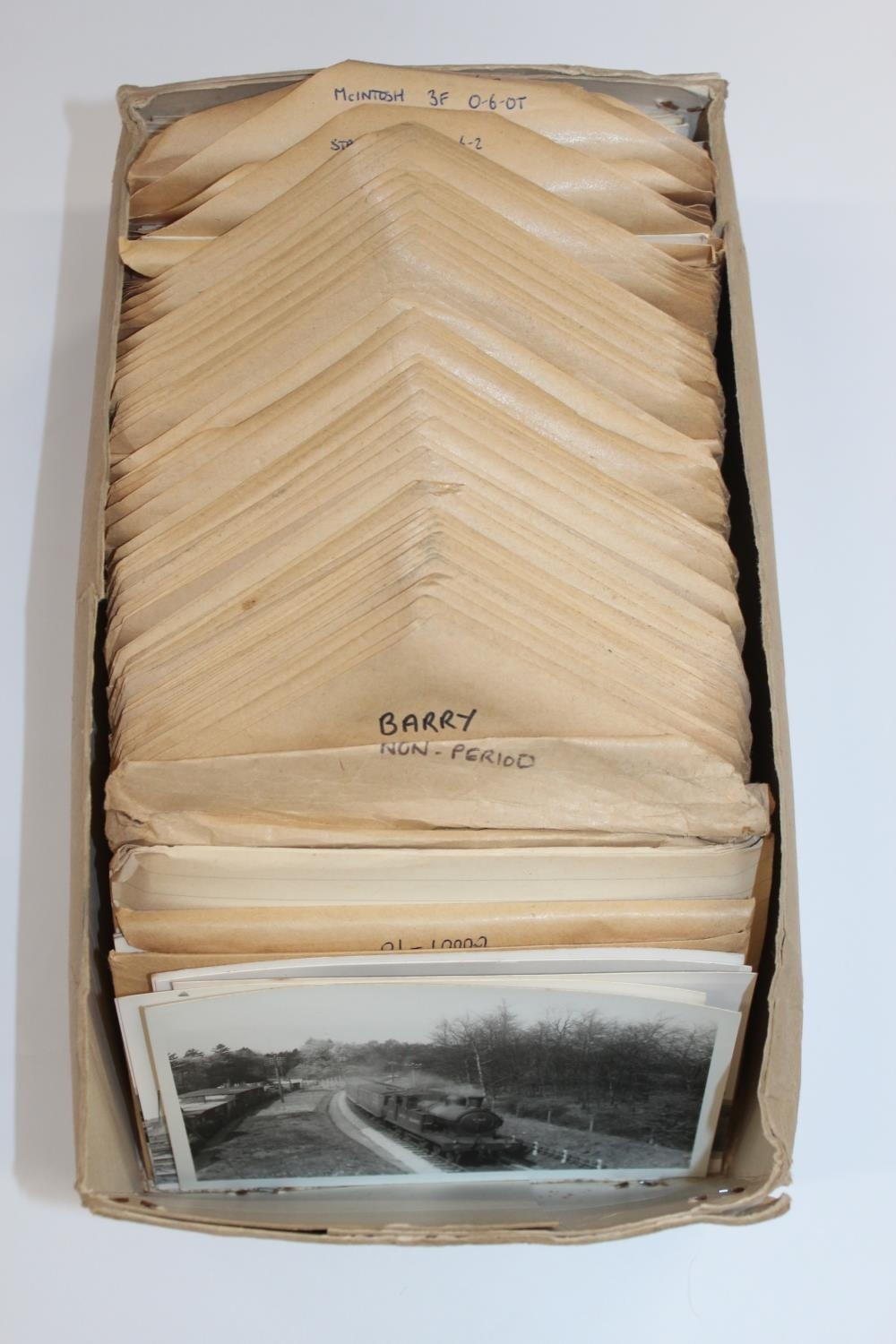 Shoebox containing real photographic printed picture postcards of steam ...
