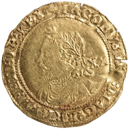 ENGLAND King James I (1603-1625) third coinage (1619-1625) hammered gold laurel (20 shillings) coin, S2637/8. [92.7% gold, 9.01g, 34.67mm diameter]