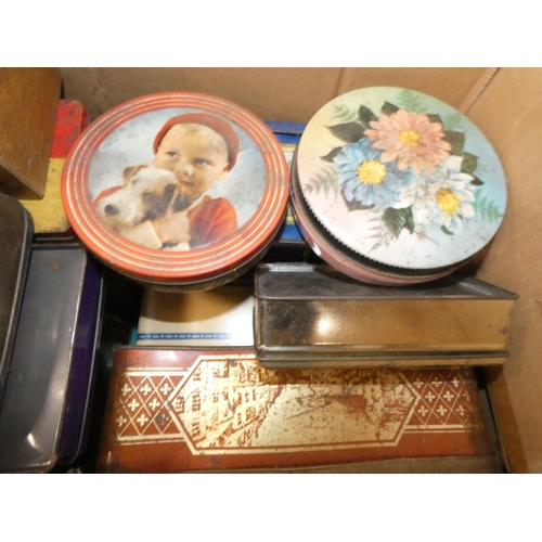 151 - Large carton containing tins to include Rington's Tea, Danish toffee, also a set of coasters etc.