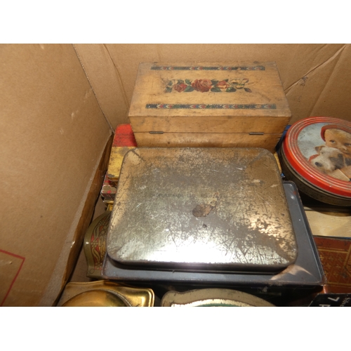 151 - Large carton containing tins to include Rington's Tea, Danish toffee, also a set of coasters etc.