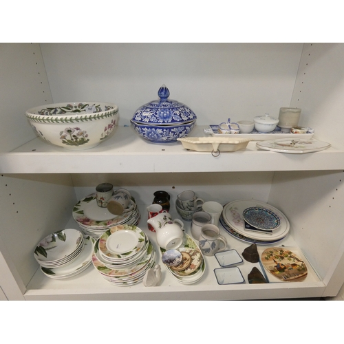 103 - Portmeirion botanical bowl, blue and white tureen with cover, wall clock, ornaments, tea and dinnerw... 