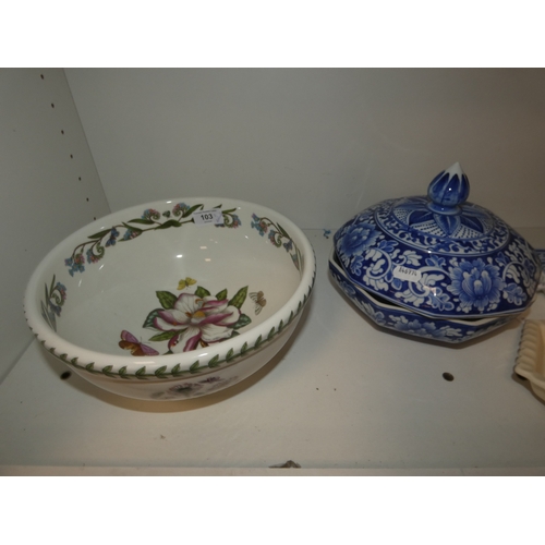 103 - Portmeirion botanical bowl, blue and white tureen with cover, wall clock, ornaments, tea and dinnerw... 