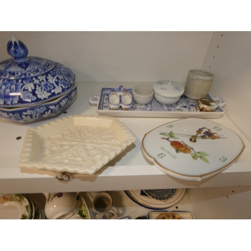 103 - Portmeirion botanical bowl, blue and white tureen with cover, wall clock, ornaments, tea and dinnerw... 