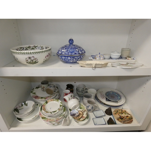 103 - Portmeirion botanical bowl, blue and white tureen with cover, wall clock, ornaments, tea and dinnerw... 