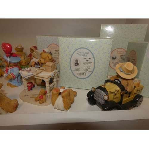 104 - Shelf lot of assorted Cherished Teddies, some boxed.