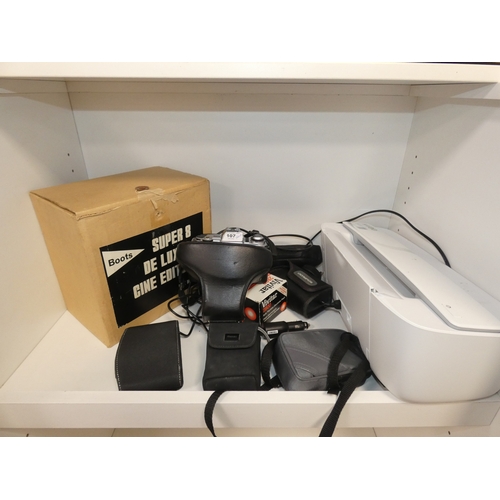 107 - Shelf lot of cameras to include Minolta X-300, digital camera, Super 8 cine camera and HP Deskjet pr... 