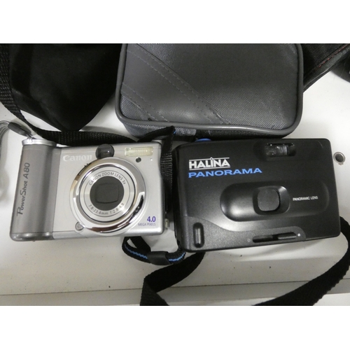 107 - Shelf lot of cameras to include Minolta X-300, digital camera, Super 8 cine camera and HP Deskjet pr... 