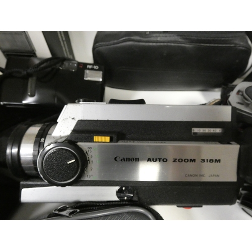 107 - Shelf lot of cameras to include Minolta X-300, digital camera, Super 8 cine camera and HP Deskjet pr... 