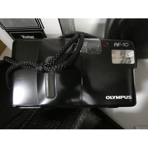 107 - Shelf lot of cameras to include Minolta X-300, digital camera, Super 8 cine camera and HP Deskjet pr... 