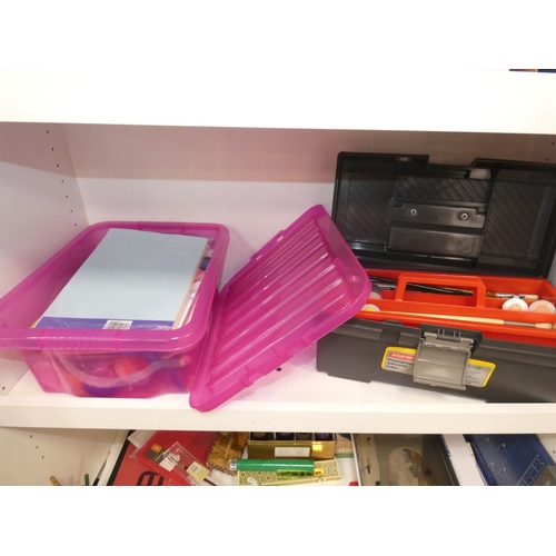 109 - Three shelves of sundries to include Trivial Pursuit game, art and craft items, paints, brushes etc.... 