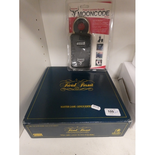 109 - Three shelves of sundries to include Trivial Pursuit game, art and craft items, paints, brushes etc.... 