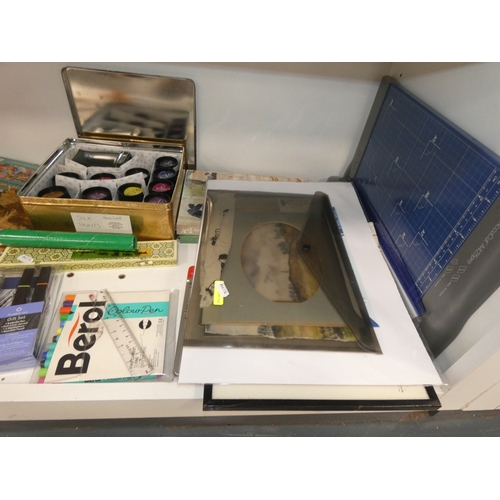 109 - Three shelves of sundries to include Trivial Pursuit game, art and craft items, paints, brushes etc.... 