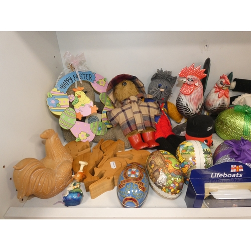 110 - Three shelves of sundries to include boxed model vehicles, games, reels of thread and ornaments, sof... 