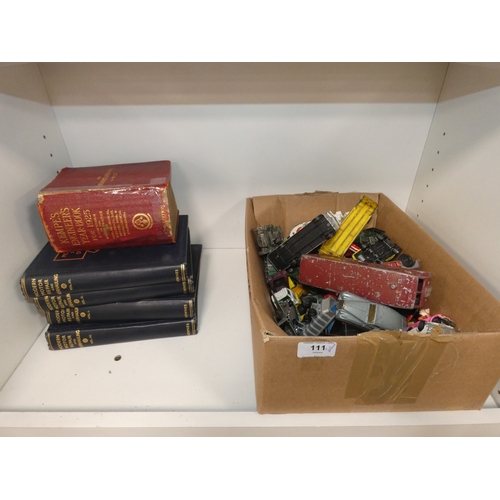 111 - Box of vintage playworn die cast model cars and vehicles to include Meccano and Corgi, four volumes ... 