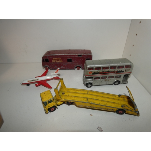 111 - Box of vintage playworn die cast model cars and vehicles to include Meccano and Corgi, four volumes ... 