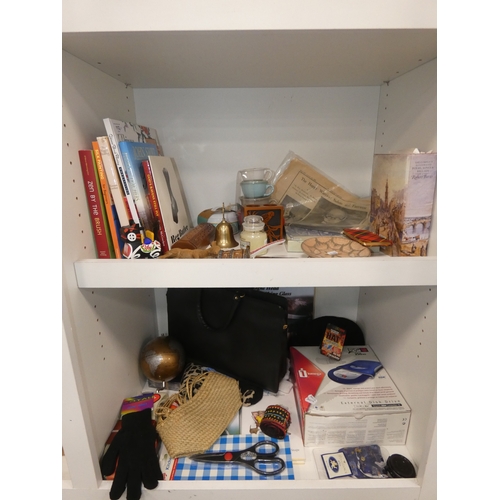112 - Two shelves of sundries to include books, ornaments, globe, boxed disc drive etc.&nbsp;