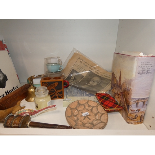 112 - Two shelves of sundries to include books, ornaments, globe, boxed disc drive etc.&nbsp;