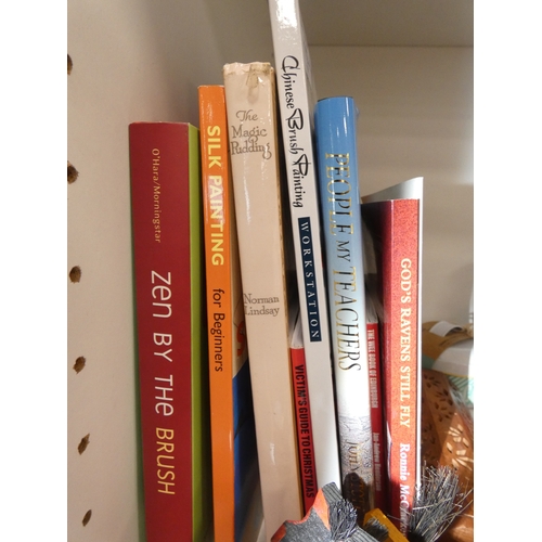 112 - Two shelves of sundries to include books, ornaments, globe, boxed disc drive etc.&nbsp;