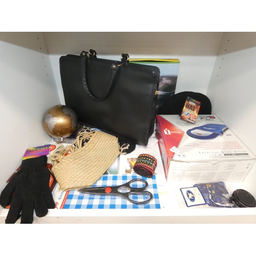 112 - Two shelves of sundries to include books, ornaments, globe, boxed disc drive etc.&nbsp;