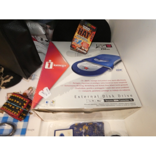 112 - Two shelves of sundries to include books, ornaments, globe, boxed disc drive etc.&nbsp;