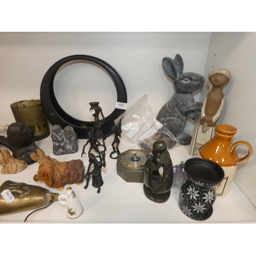 113 - Three shelves of sundries to include Panasonic 2-alarm/clock and cd player, fan heater, ornaments to... 