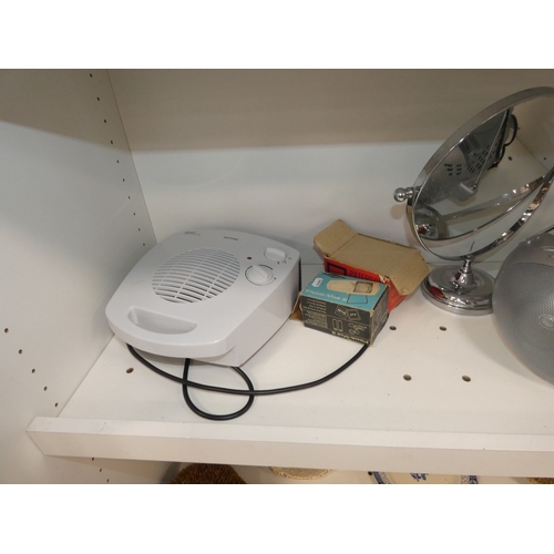 113 - Three shelves of sundries to include Panasonic 2-alarm/clock and cd player, fan heater, ornaments to... 