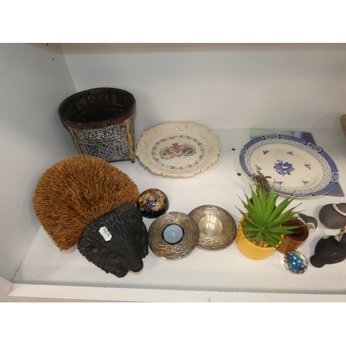 113 - Three shelves of sundries to include Panasonic 2-alarm/clock and cd player, fan heater, ornaments to... 