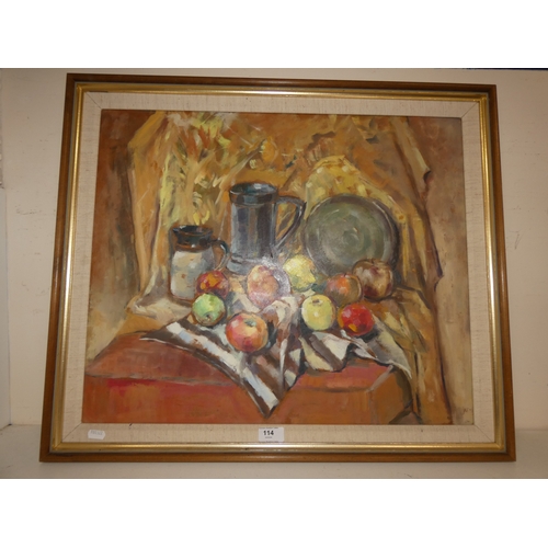 114 - Margot Mackintosh (Scottish)Still life of fruitOil on board.