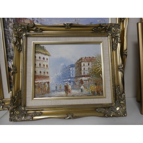 120 - After BurnettFour modern Parisian street scenes in gilt frames.