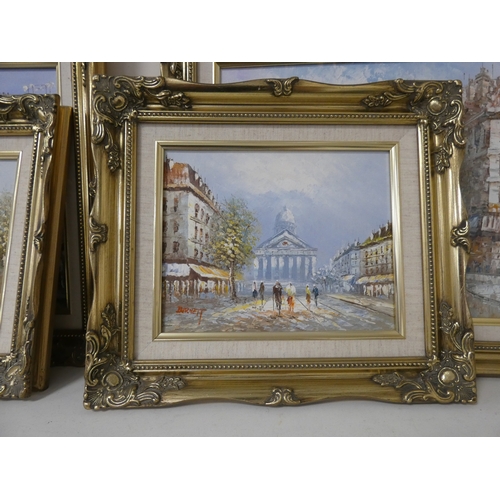 120 - After BurnettFour modern Parisian street scenes in gilt frames.