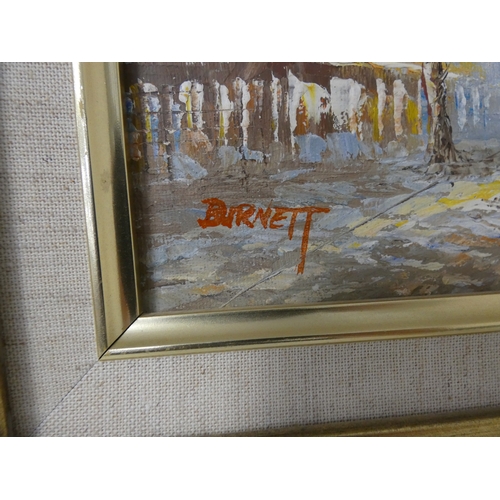 120 - After BurnettFour modern Parisian street scenes in gilt frames.