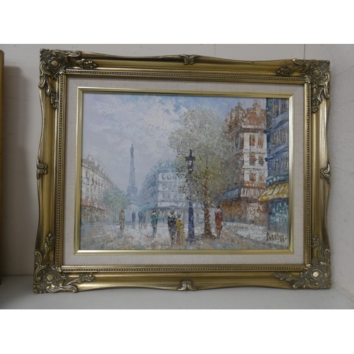 120 - After BurnettFour modern Parisian street scenes in gilt frames.