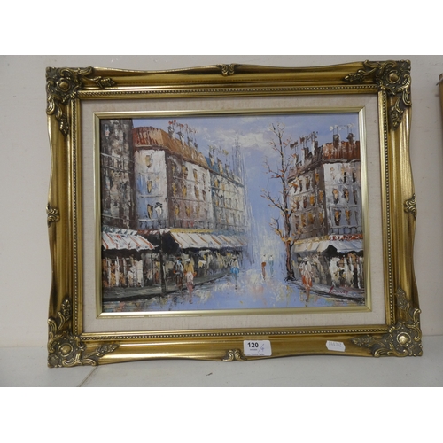 120 - After BurnettFour modern Parisian street scenes in gilt frames.