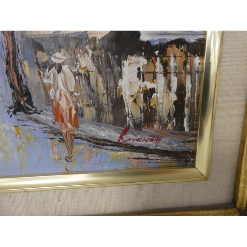 120 - After BurnettFour modern Parisian street scenes in gilt frames.