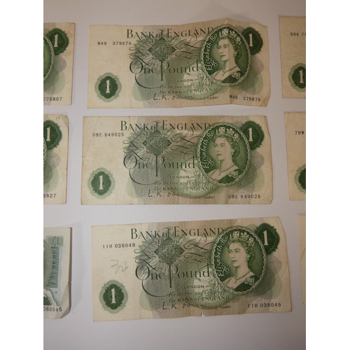 144 - Group of vintage Bank of England banknotes, mainly &pound;1 notes and ten shillings note, and French... 