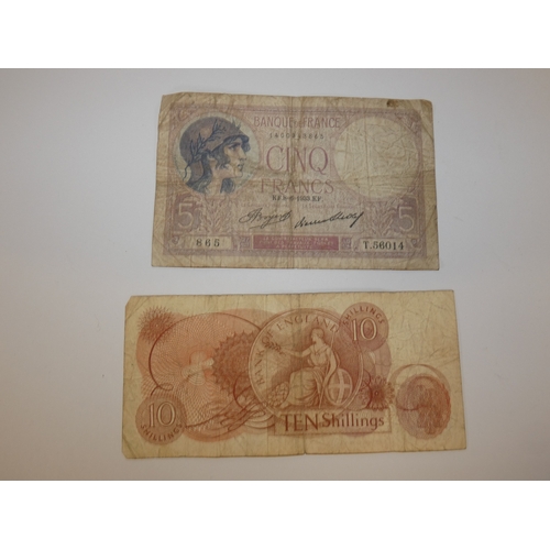 144 - Group of vintage Bank of England banknotes, mainly &pound;1 notes and ten shillings note, and French... 