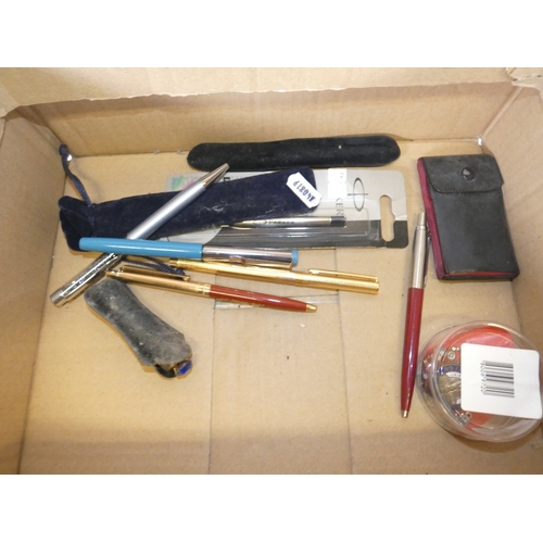 148 - Box of collectables to include fountain pen, Parker Arrow Flighter GT ballpen in case, and others, r... 