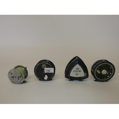 149 - Group of four fishing reels to include Condex, The Landex, Delta 3, The Olympic reel, with three oth... 