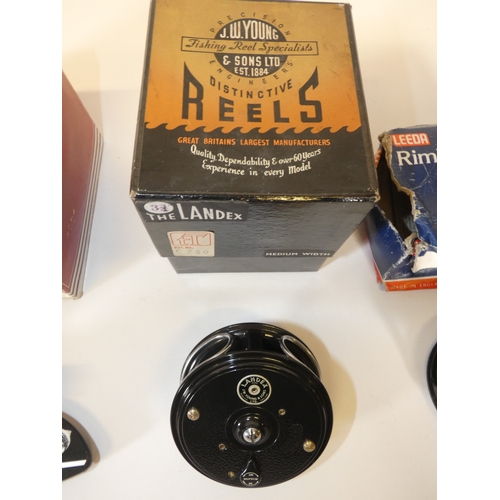 149 - Group of four fishing reels to include Condex, The Landex, Delta 3, The Olympic reel, with three oth... 