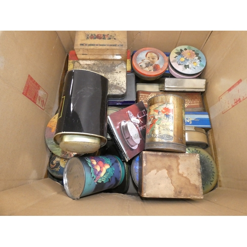 151 - Large carton containing tins to include Rington's Tea, Danish toffee, also a set of coasters etc.