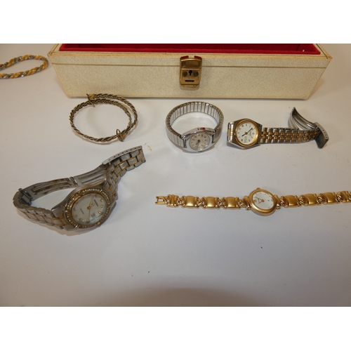 156 - Jewellery box containing costume jewellery to include chains, wristwatches and pendants etc.
