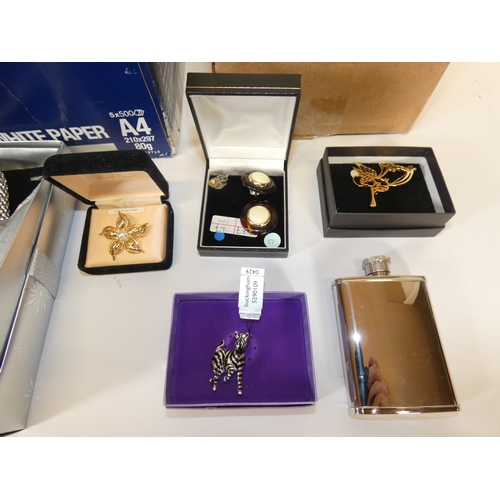 158 - Two boxes of costume jewellery and curios to include Parker and Papermate pens, boxed earrings, broo... 