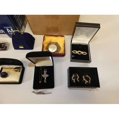 158 - Two boxes of costume jewellery and curios to include Parker and Papermate pens, boxed earrings, broo... 