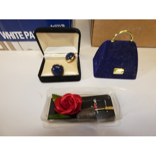 158 - Two boxes of costume jewellery and curios to include Parker and Papermate pens, boxed earrings, broo... 