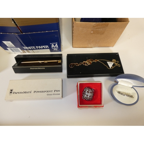 158 - Two boxes of costume jewellery and curios to include Parker and Papermate pens, boxed earrings, broo... 