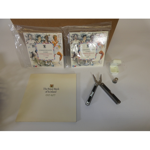 159 - Box of costume jewellery, coins and curios to include two 1986 Commonwealth games £2 coins in origin... 