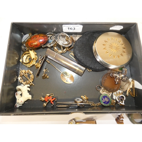 163 - Collection of curios and collectables to include a compact, badges, brooches, button hook and shoe h... 