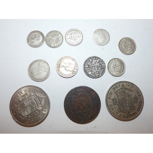 174 - George III silver coin, similar copper coin, collection of threepences mainly George VI period, half... 