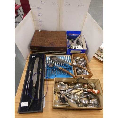 65 - Collection of boxed and loose cutlery to include a horn handled three piece carving set by Thomas Tu... 